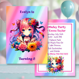 Invitation Jolie Rainbow Anime Girl and Kitten fête d'anniver