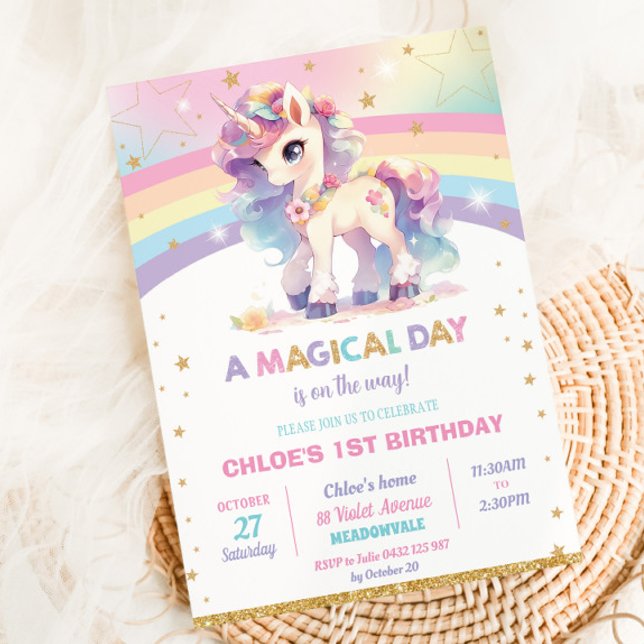 Invitation Jolie Rainbow Unicorn fête d'anniversaire fille (Créateur téléchargé)