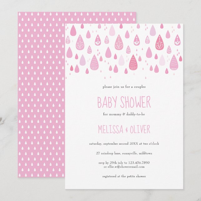 Invitation Jolie Raindrops rose Baby shower Couples (Devant / Derrière)