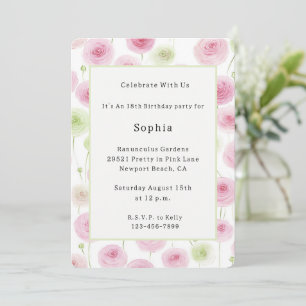Invitation Jolie Ranunculus Rose Menthe Anniversaire