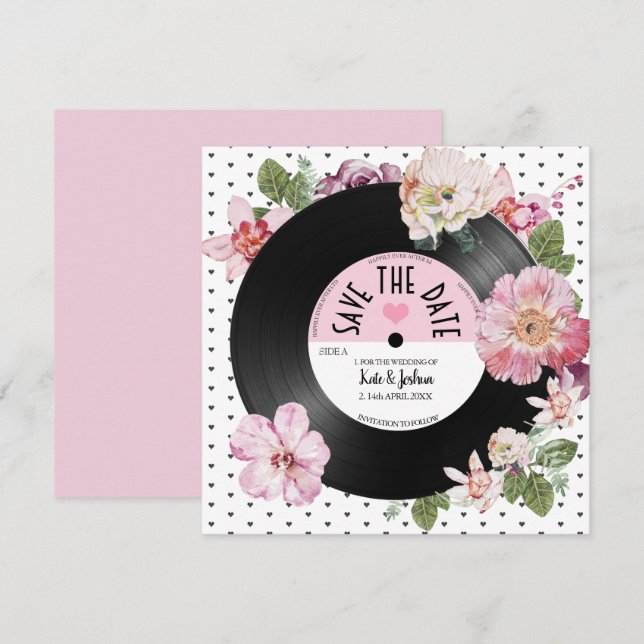Invitation Jolie rétro floral vinyle Enregistrez la date Mari (Devant / Derrière)