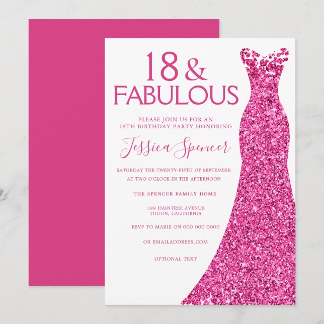 Invitation Jolie robe de Parties scintillant rose 18e fête d' (Devant / Derrière)