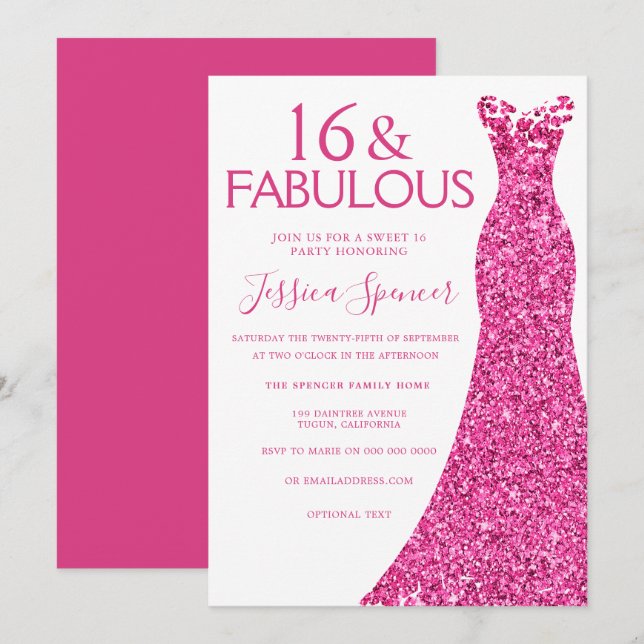 Invitation Jolie robe de Parties scintillant rose sucré 16 Pa (Devant / Derrière)