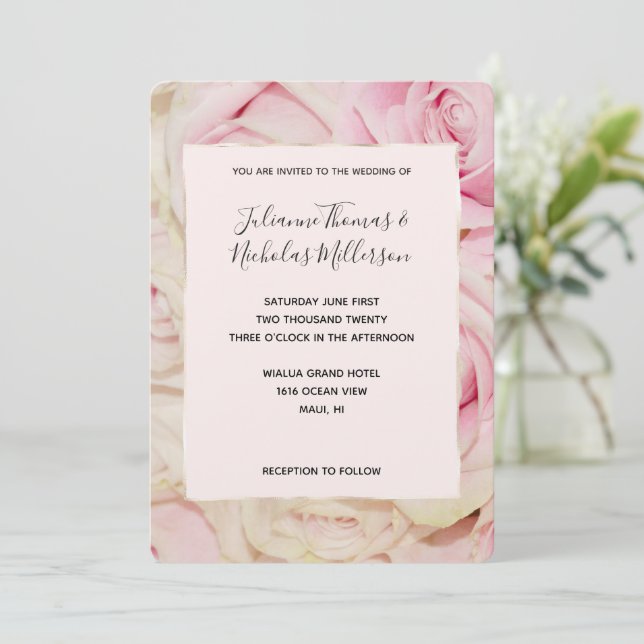 Invitation Jolie Romantique Crème rose Roses mariage invite (Debout devant)