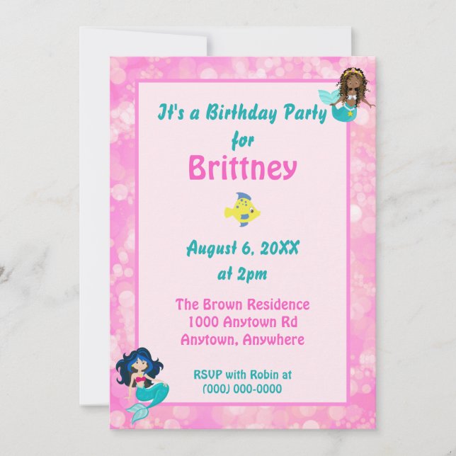 Invitation Jolie rose Bokeh Mermaid Thème Anniversaire (Devant)