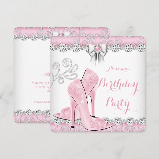Invitation Jolie rose Diamond Haut talons Anniversaire fête (Devant / Derrière)