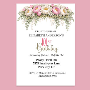 Invitation Jolie rose et blanche Pivoine 101e anniversaire