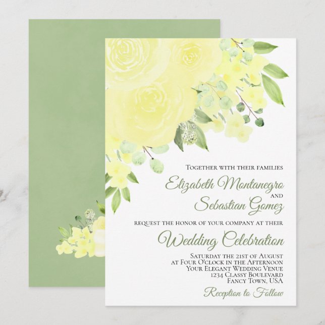 Invitation Jolie rose et fleurs jaunes Mariage élégant (Devant / Derrière)