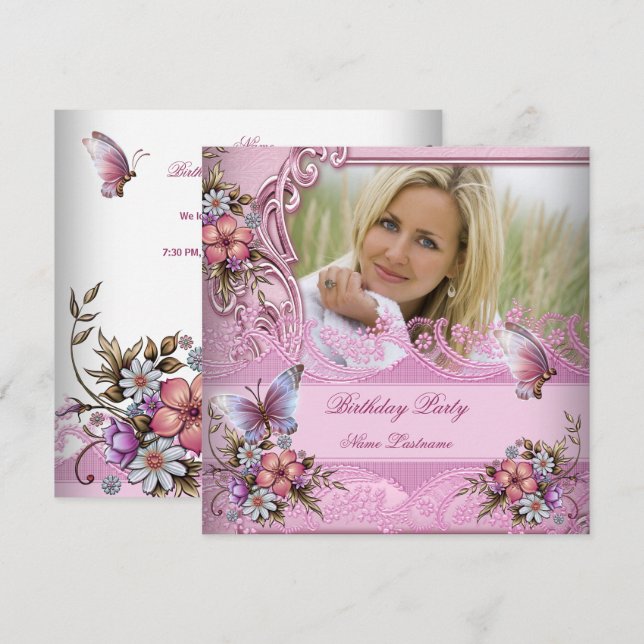 Invitation Jolie rose Fleurs Papillon Blanc Fête Anniversaire (Devant / Derrière)