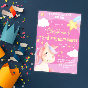 Invitation Jolie rose magique moderne unicorne étoile 2e anni