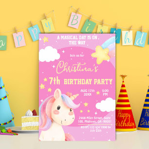 Invitation Jolie rose magique moderne unicorne star 7e annive
