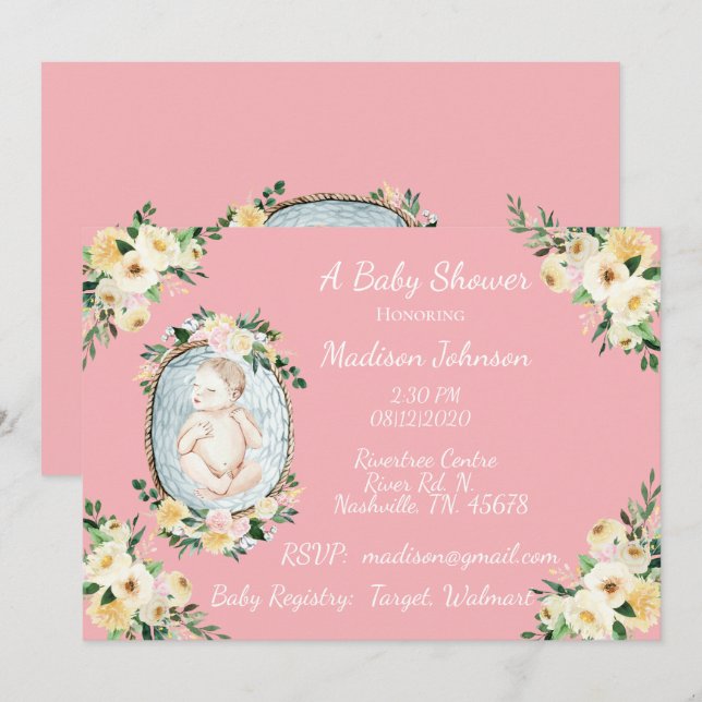 Invitation Jolie rose Nouveau-né bébé fille Douche (Devant / Derrière)