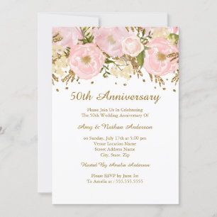 Invitation Jolie rose pâle or floral 50e anniversaire