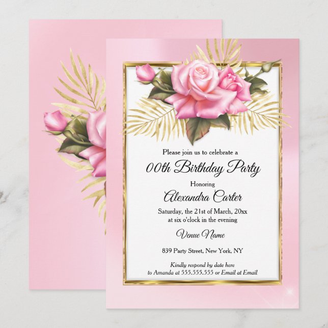 Invitation Jolie Rose Rose Blanc Or Floral Anniversaire (Devant / Derrière)