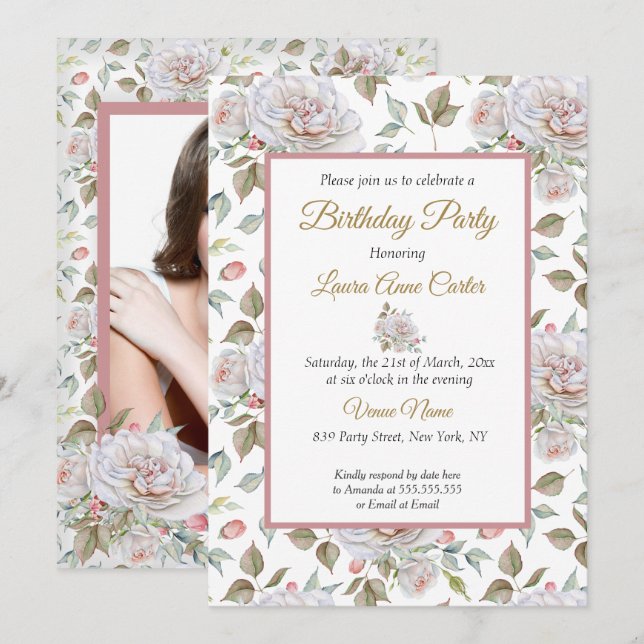 Invitation Jolie rose Roses Blanches Photo Anniversaire (Devant / Derrière)