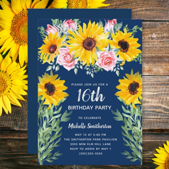 Invitation Jolie rose Roses Tournesols Marine Bleu 16e (Sunflowers and pink roses on navy blue 16th birthday party custom invitation)