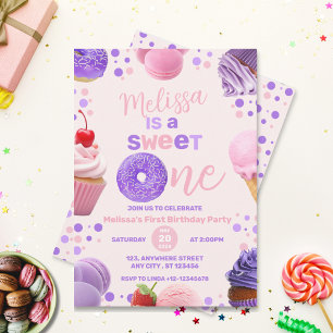 Invitation Jolie rose violet sucré une fille 1er anniversaire