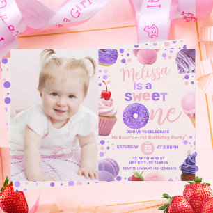 Invitation Jolie rose violet sucré Une fille photo anniversai