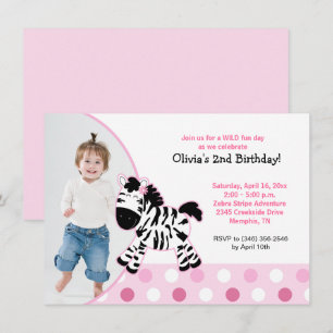 Invitation Jolie rose Zebra Girl Photo Anniversaire Invitatio
