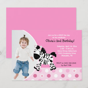 Invitation Jolie rose Zebra Girl Photo Anniversaire Invitatio