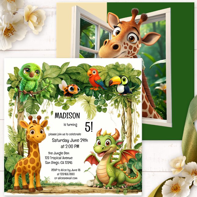 Invitation Jolie Safari Jungle Animal Enfant Anniversaire (Fun birthday invitation for children with a jungle or safari theme)