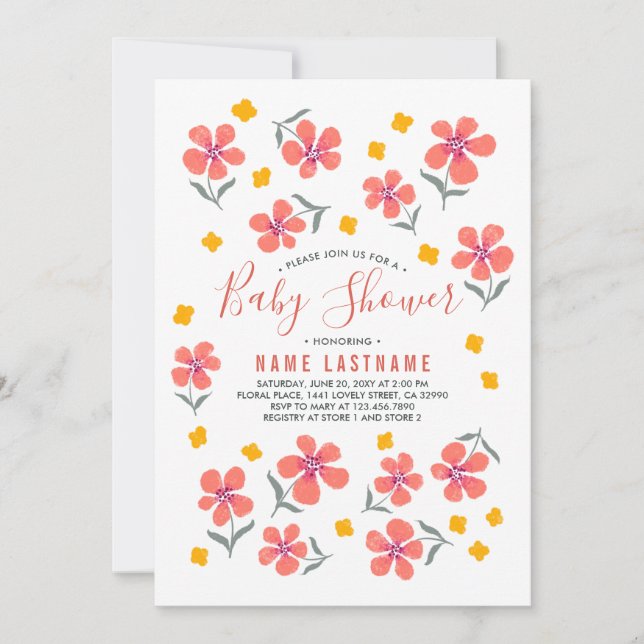 Invitation Jolie simple folk Rouge jaune Baby shower fleurs (Devant)