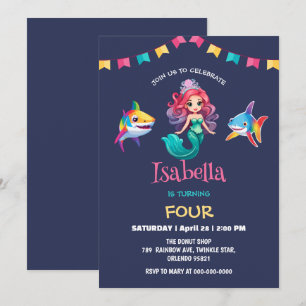 Invitation Jolie Sirène requin arc-en-ciel fête d'anniversair
