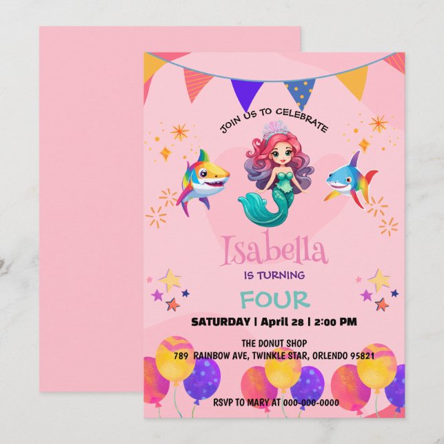 Invitation Jolie Sirène requin arc-en-ciel fête d'anniversair (Devant / Derrière)