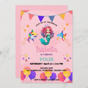 Invitation Jolie Sirène requin arc-en-ciel fête d'anniversair