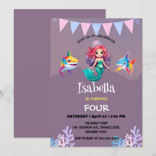 Invitation Jolie Sirène requin arc-en-ciel fête d'anniversair
