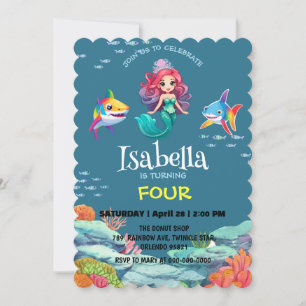 Invitation Jolie Sirène requin arc-en-ciel fête d'anniversair