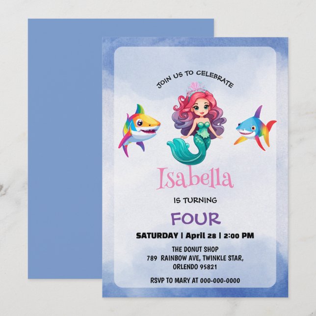 Invitation Jolie Sirène requin arc-en-ciel fête d'anniversair (Devant / Derrière)
