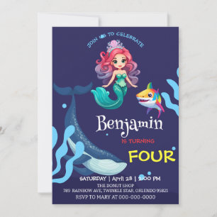 Invitation Jolie Sirène requin Baleine fête d'anniversaire co