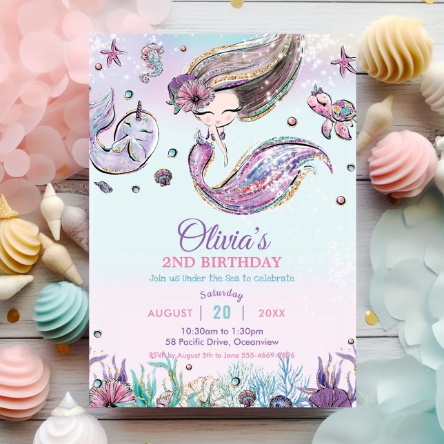 Invitation Jolie sirène sous la mer violet Anniversaire (whimsical cute brunette mermaid under the sea pool birthday party invitation cards printed download)