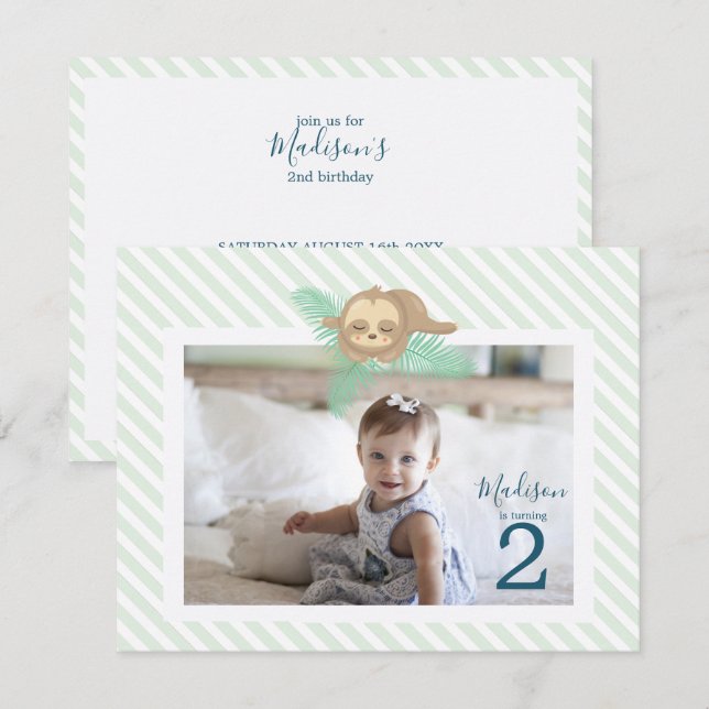 Invitation Jolie Sleepy Baby Sloth 2e fête d'anniversaire (Devant / Derrière)