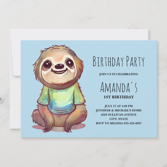 Invitation Jolie Sloth portant une chemise Anniversaire (Devant)
