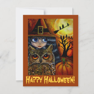 Invitation Jolie sorcière et hiboux gros yeux Halloween lunai