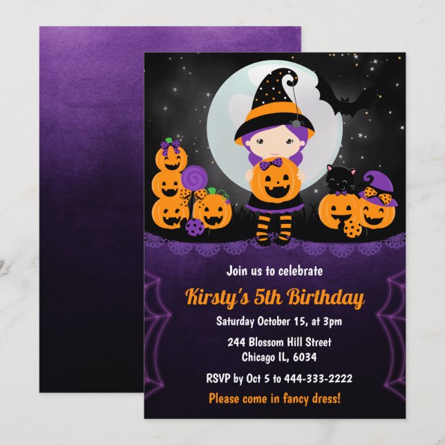 Invitation Jolie sorcière fille et Anniversaire de enfant Cit (Devant / Derrière)
