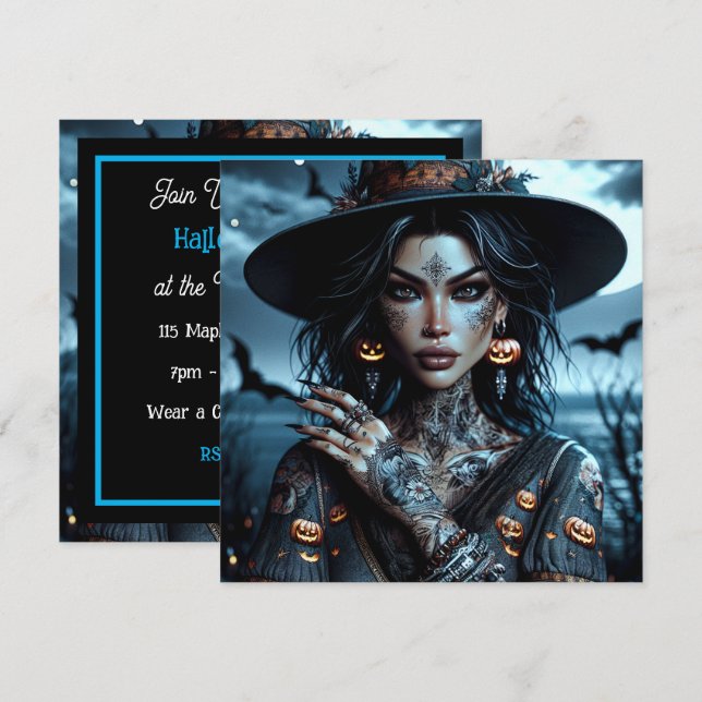 Invitation Jolie sorcière gothique avec fête d'Halloween de t (Devant / Derrière)
