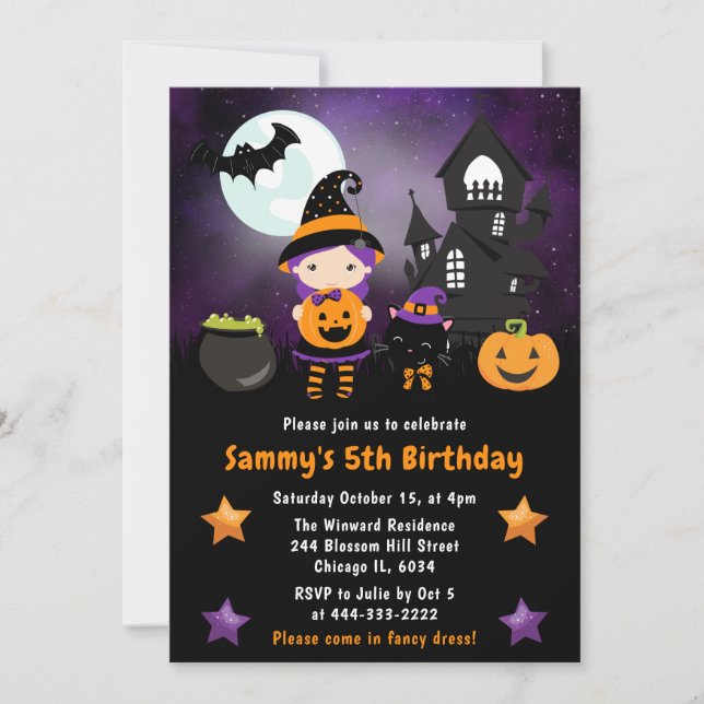 Invitation Jolie Sorcière Halloween Scène Anniversaire (Devant)