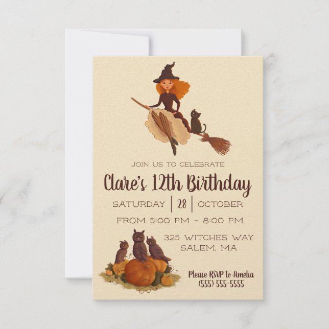 Invitation Jolie sorcière sur Broomstick fête d'anniversaire (Devant)