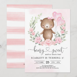 Invitation Jolie Teddy Bear Girl Birthday Heart Balloons Part