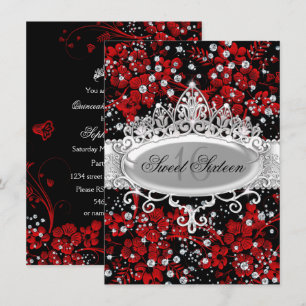 Invitation Jolie Tiara & Fleurs Étincelantes Rouge Sweet 16