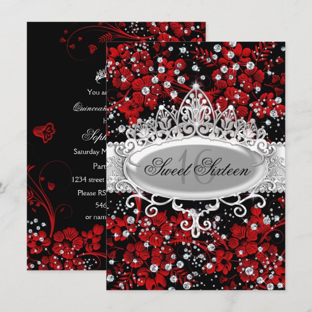 Invitation Jolie Tiara & Fleurs étincelantes Rouge Sweet 16 (Devant / Derrière)