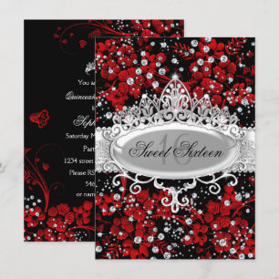 Invitation Jolie Tiara & Fleurs étincelantes Rouge Sweet 16