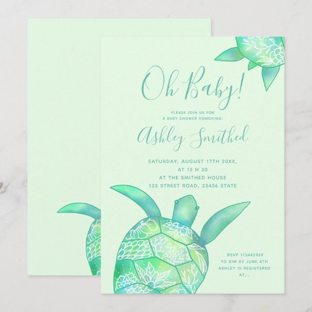 Invitation Jolie tortue florale baby shower d'aquarelle d'été (Devant / Derrière)