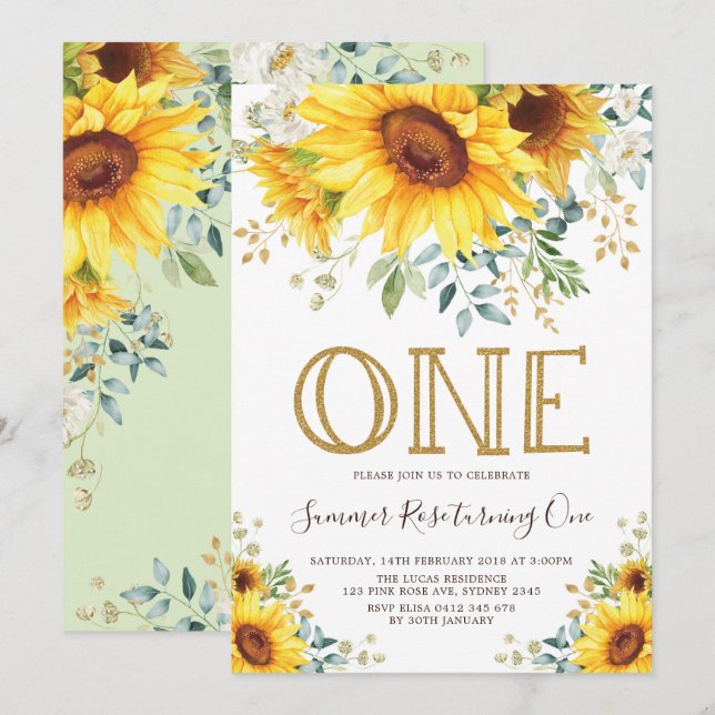 Invitation Jolie tournesol 1er anniversaire Fleur Jaune d'été (Devant / Derrière)