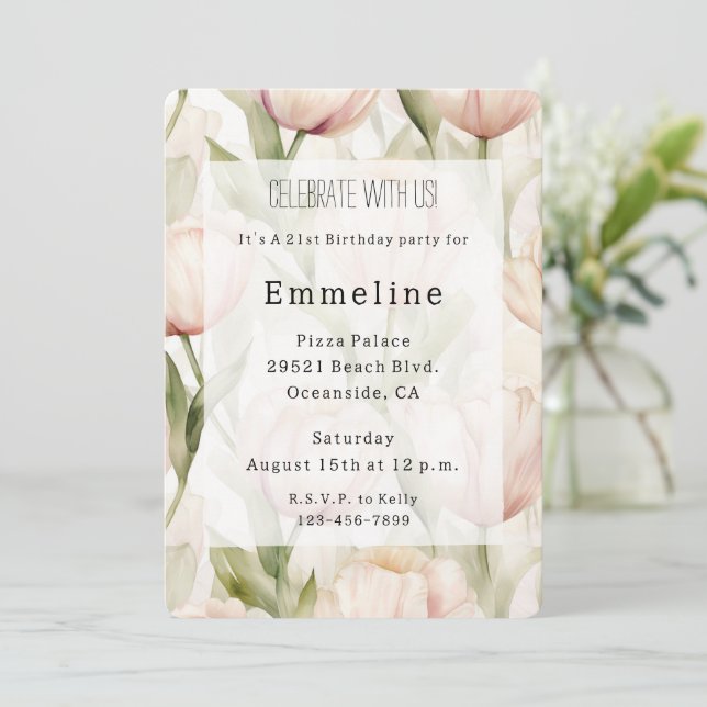 Invitation Jolie Tulipes à Crème Rose Bleue Fleur Anniversair (Debout devant)