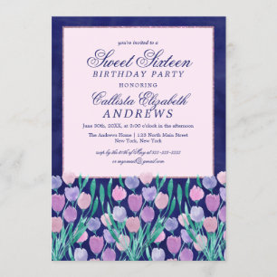 Invitation Jolie Tulipes Rose Bleu Aquarelle Florale Douce 16