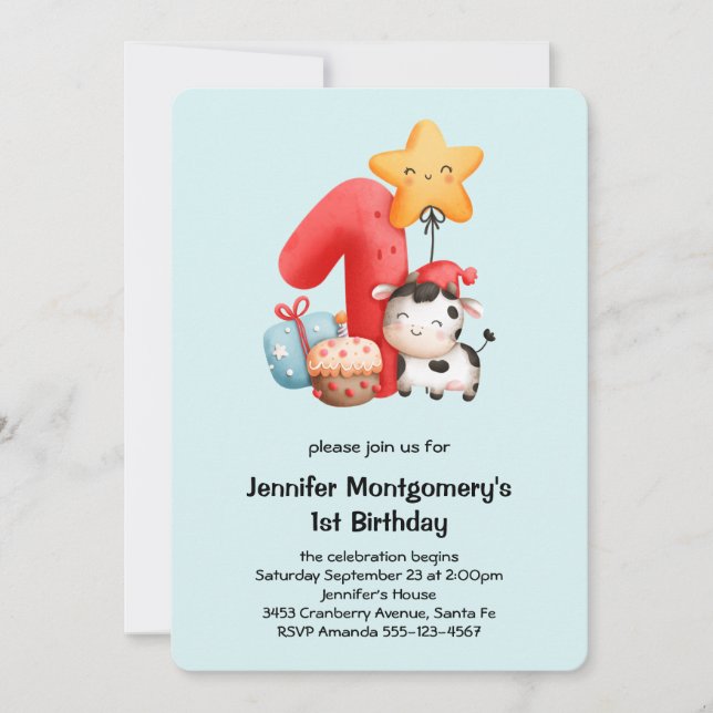 Invitation Jolie vache 1er anniversaire (Devant)